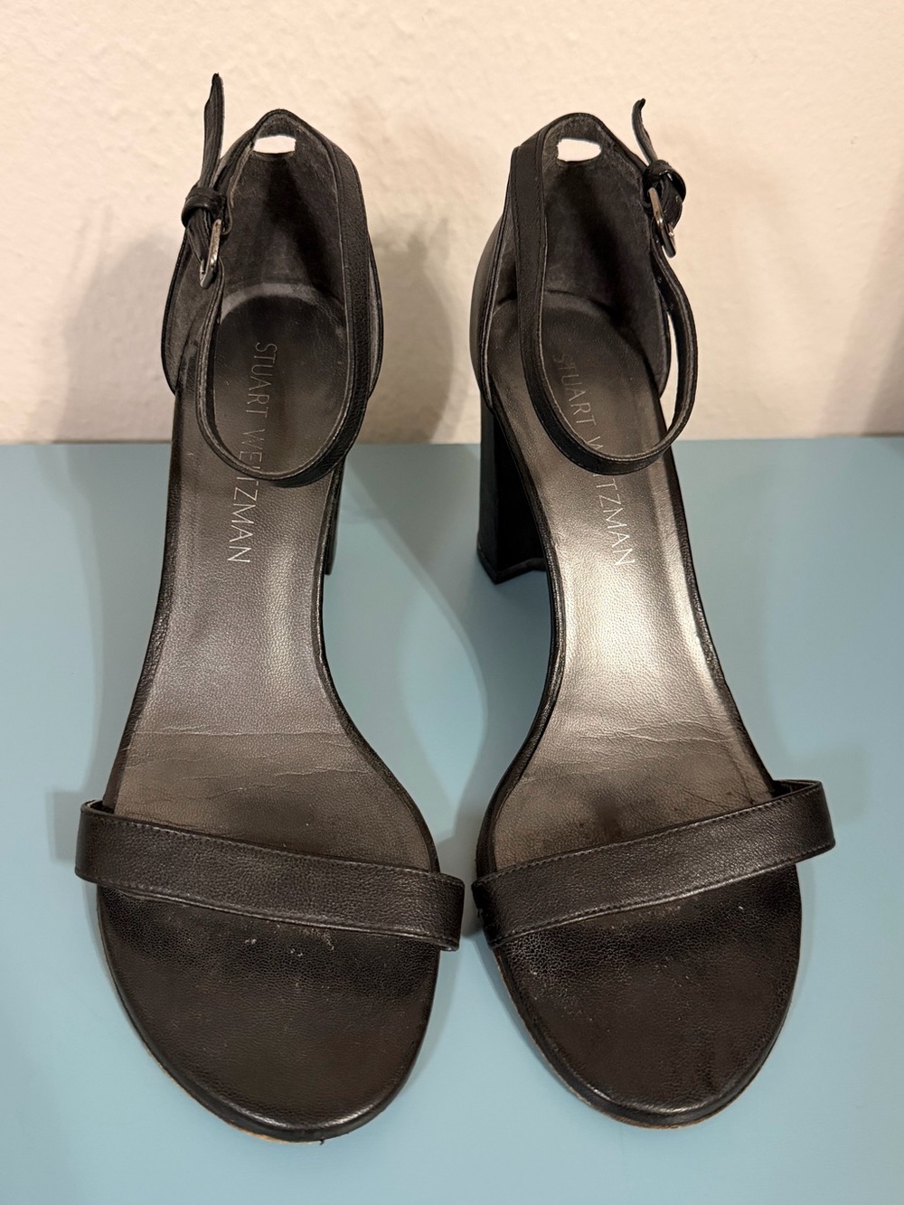 Stuart Weitzman Black Ankle-Strap Block Heels - size 7.5